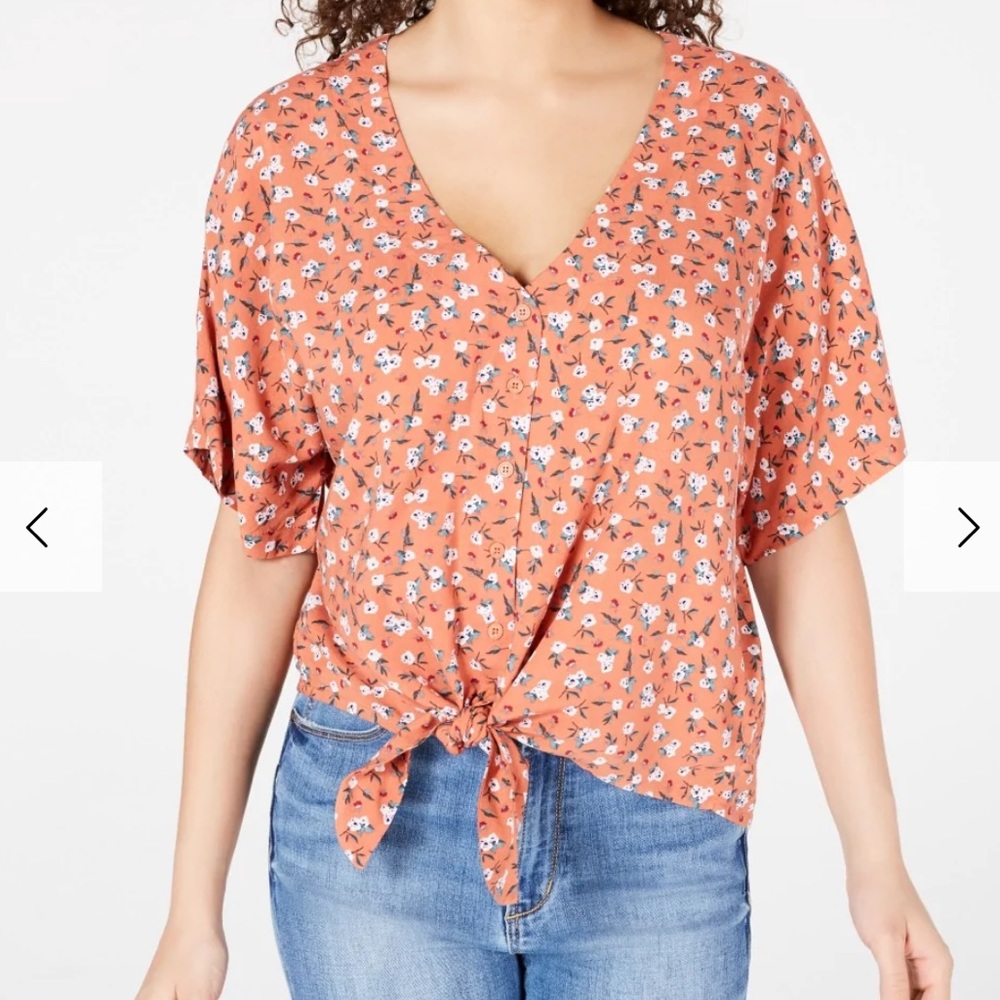Hippie Rose Junior's Printed Tie Waist Blouse Honey Size X-Small